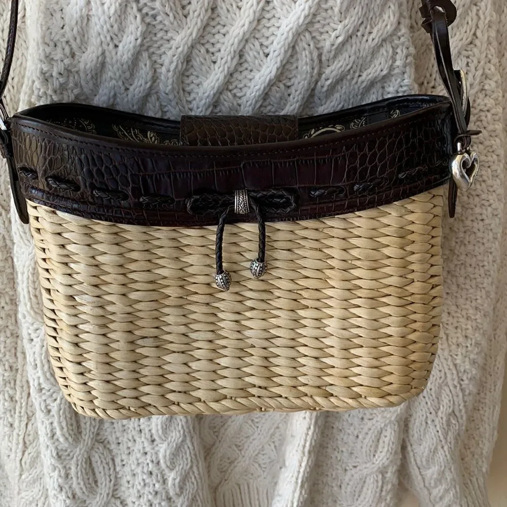 Woven Straw Crossbody with Dark Brown Leather Trim - Picture 1 of 11